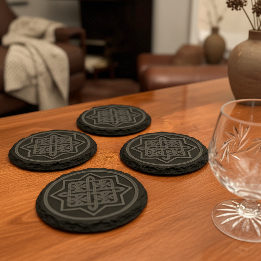 Armenian Sun Cross Slate Coasters with Warm Background
